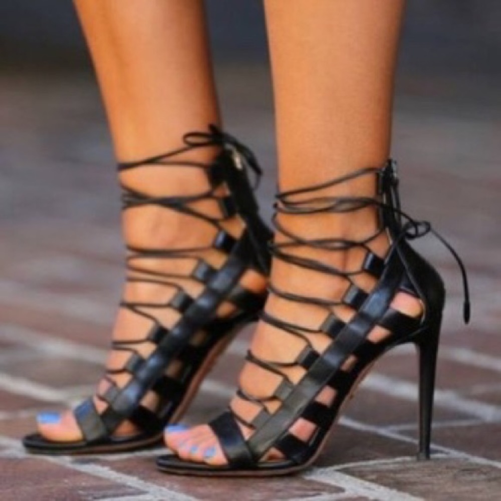 Aquazurra Lace Up Heels Black Leather Size 37